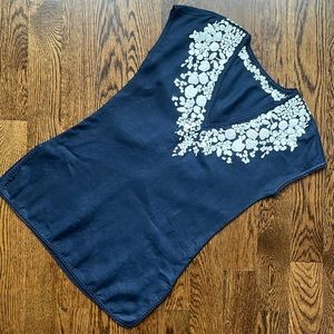 100% linen szS Tory Burch embroidered cap sleeve tunic - navy with white detail